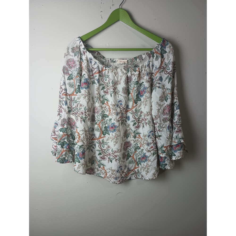 Solitaire Floral Off The‎ Shoulder Tiered Bell Sleeve Blouse White Pink Blue M